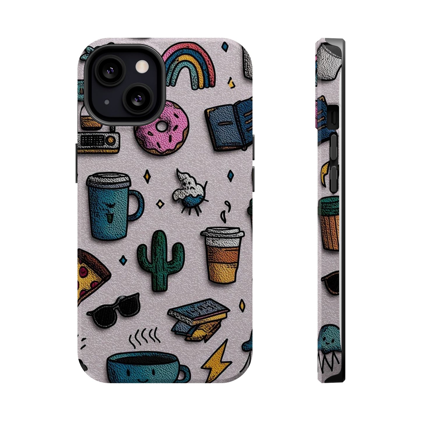 Cute Doodle Phone Case — Magnetic Impact-Resistant Design (coffee, rainbow, cactus)