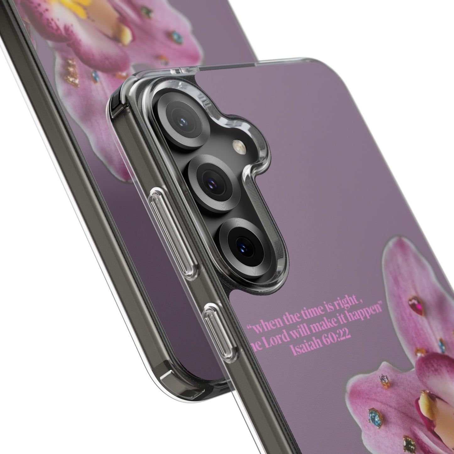 Clear Floral Impact-Resistant Phone Case — "When the time is right" Rose Orchid Design