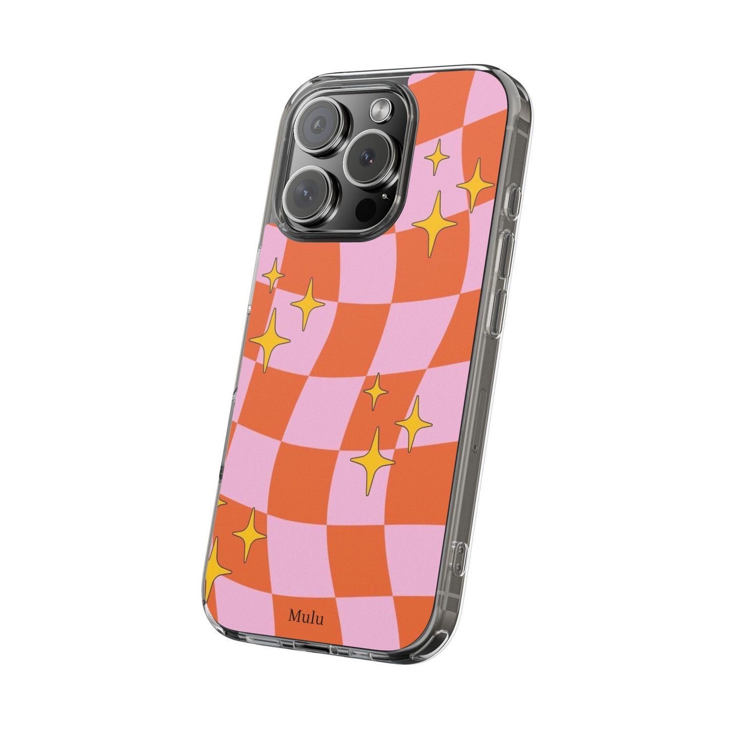 Clear Impact-Resistant Case — Retro Pink & Orange Checker with Sparkle Stars