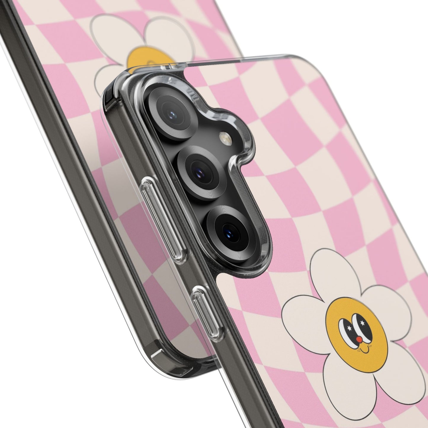 Clear Impact-Resistant Phone Case — Pink Checkerboard Daisy Design