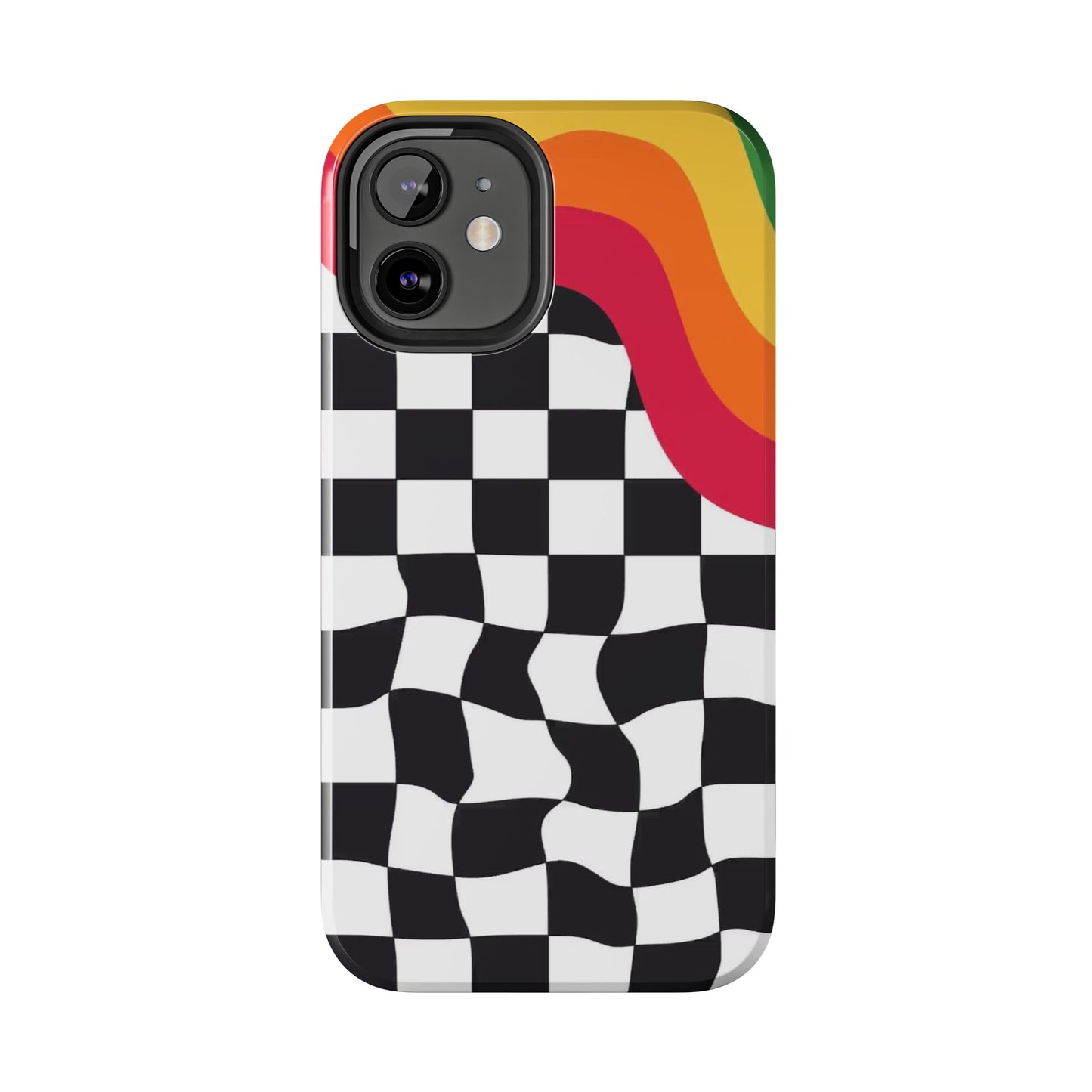 Retro Wavy Checkerboard Tough Phone Case — Rainbow Surf Skate Design