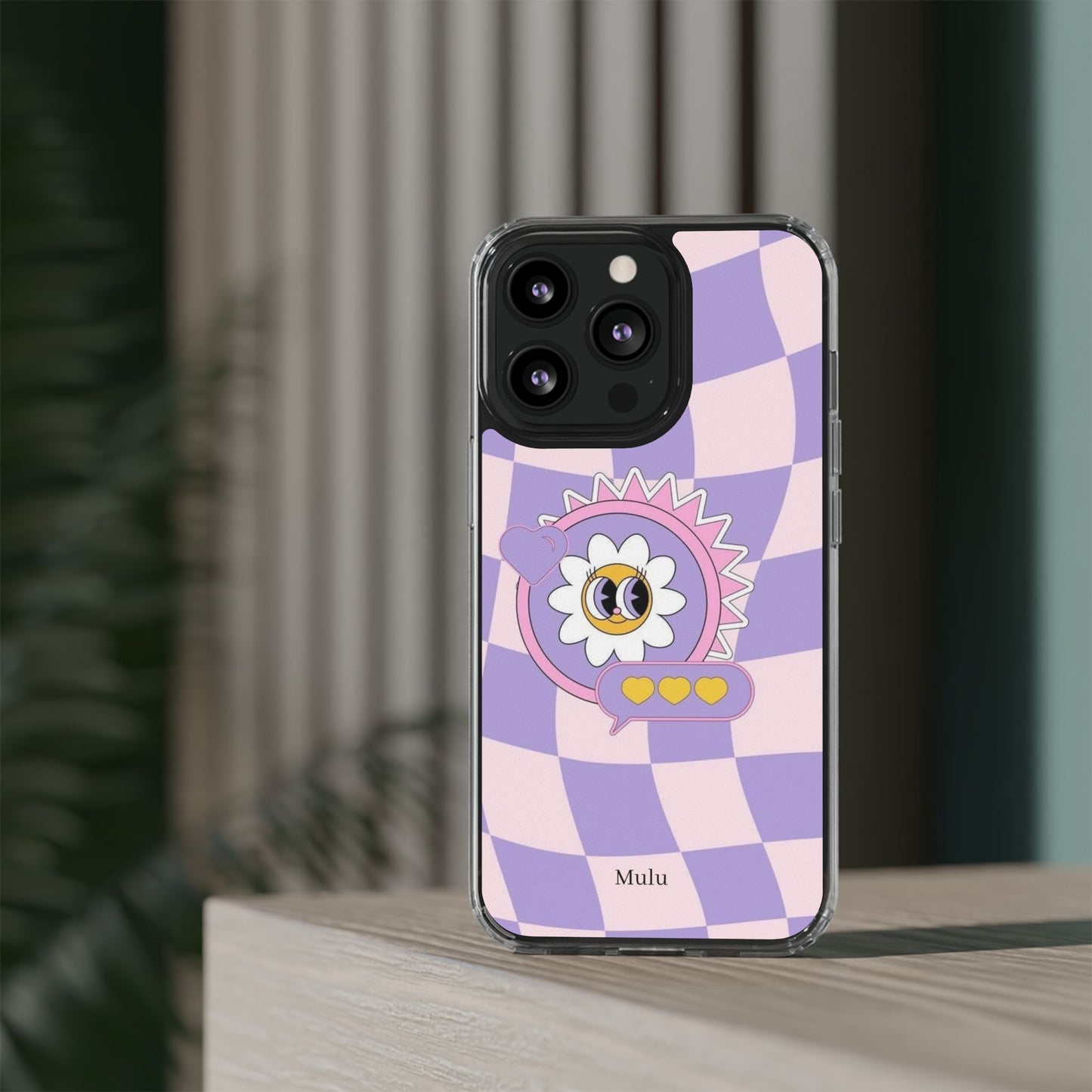 Clear Impact-Resistant Case — Cute Purple Checkerboard Dino with 'Mulu'