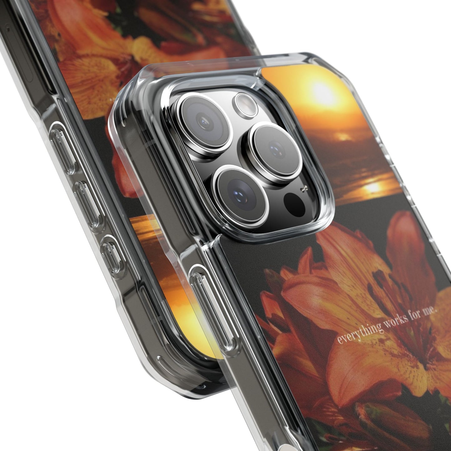 Clear Magnetic Phone Case — Sunset Lily Design ("anything waits for you")