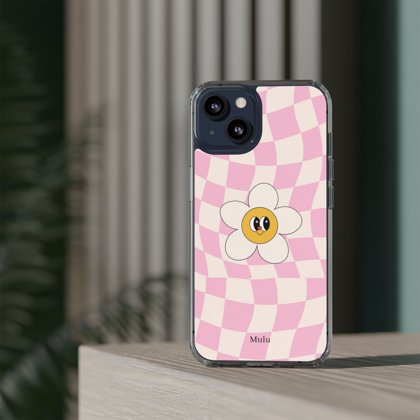 Clear Impact-Resistant Phone Case — Pink Checkerboard Daisy Design