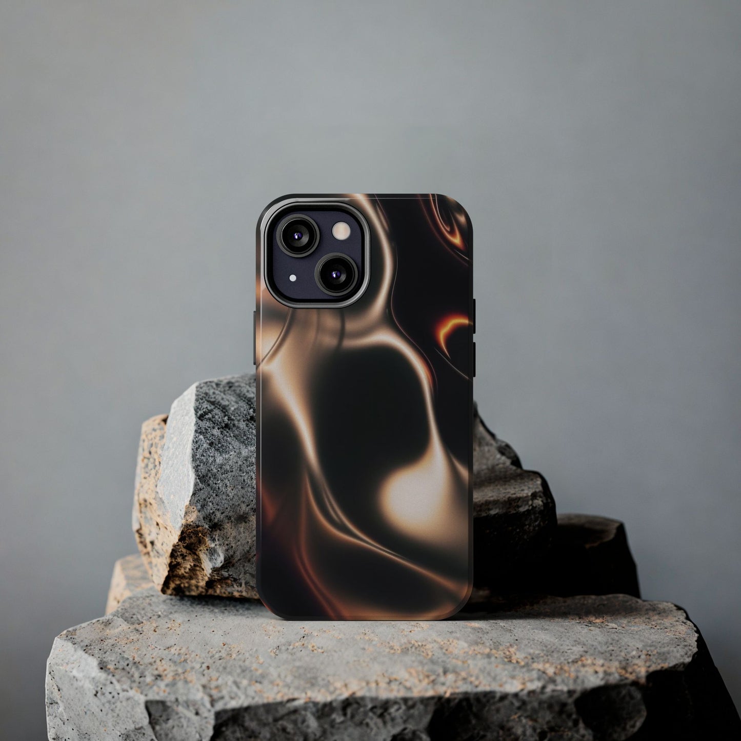 Abstract Liquid Glow Tough Phone Case — Black & Bronze Swirl Protective Cover