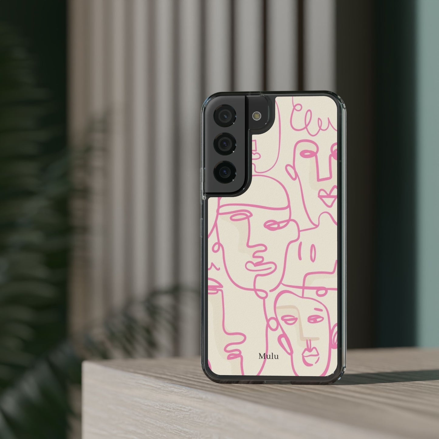 Clear Impact-Resistant Phone Case — Pink Minimalist Line Faces Design