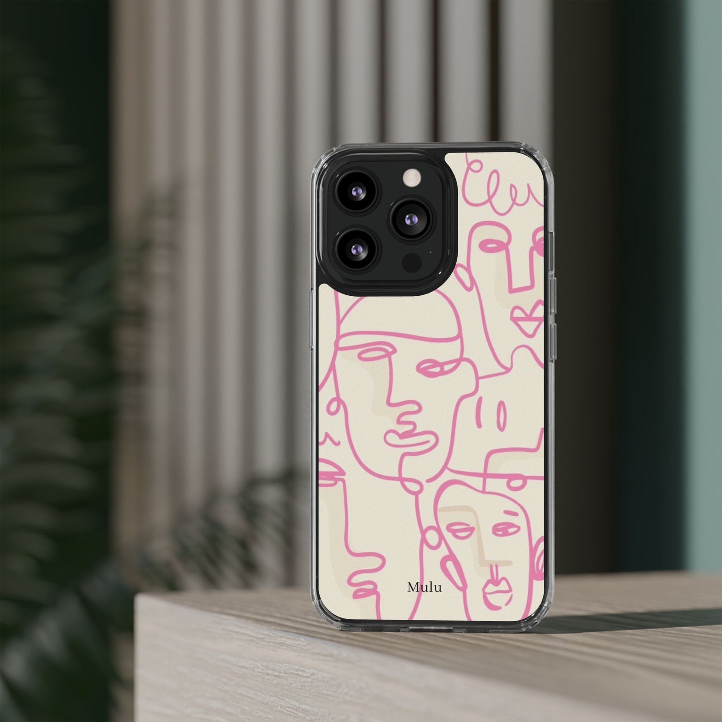 Clear Impact-Resistant Phone Case — Pink Minimalist Line Faces Design