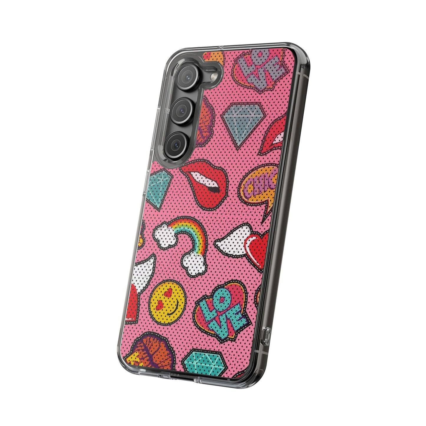 Clear Impact-Resistant Phone Case — Pink Pop Sticker Pattern (Hearts, Rainbows, Smileys)