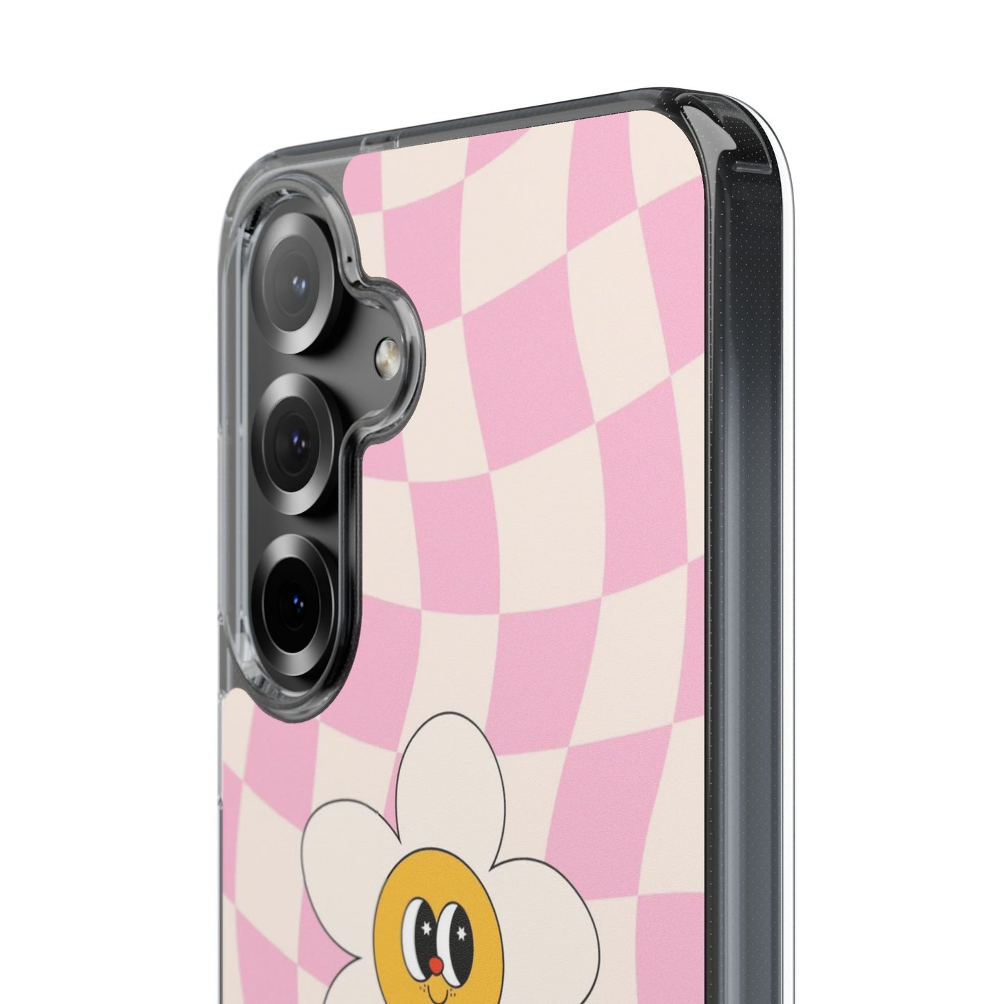 Clear Impact-Resistant Phone Case — Pink Checkerboard Daisy Design