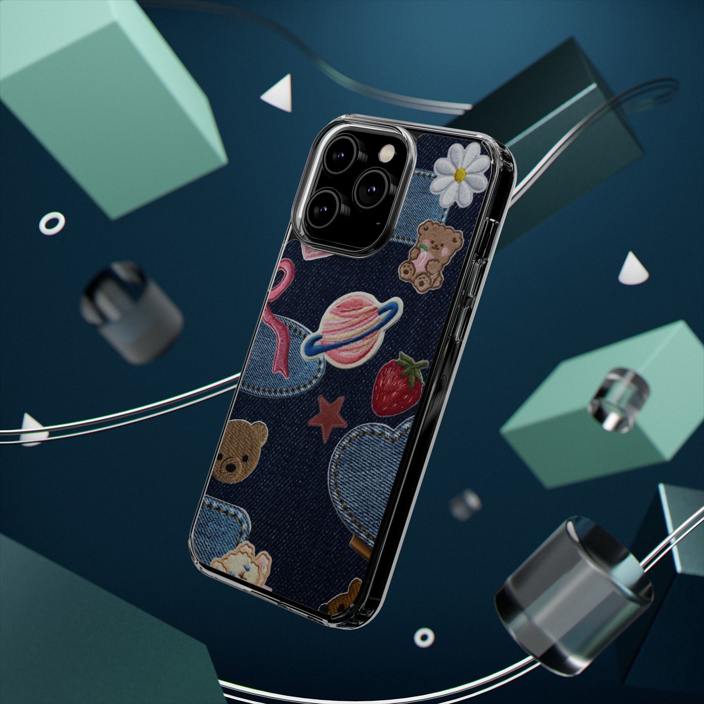 Clear Impact-Resistant Phone Case — Cute Denim Patch Collage (Teddy, Strawberry, Planet)