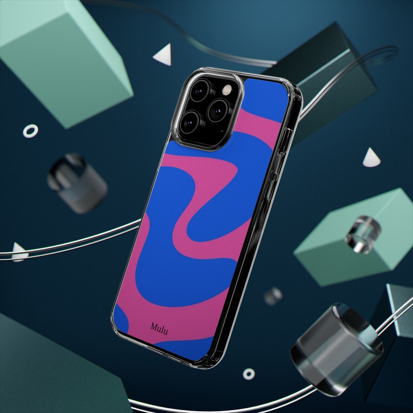 Clear Impact-Resistant Phone Case — Retro Blue & Pink Abstract Swirl