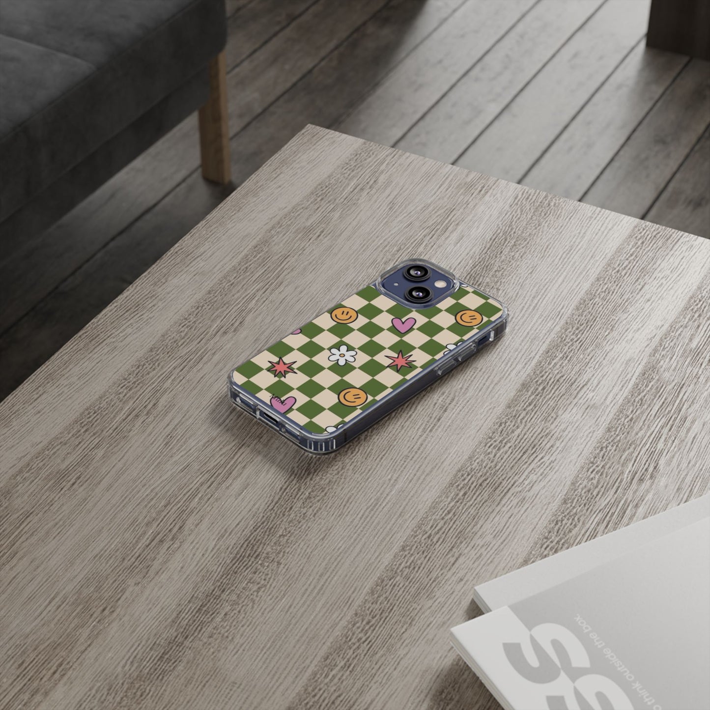 Clear Impact-Resistant Case — Retro Green Checkerboard with Smiley, Hearts & Flowers