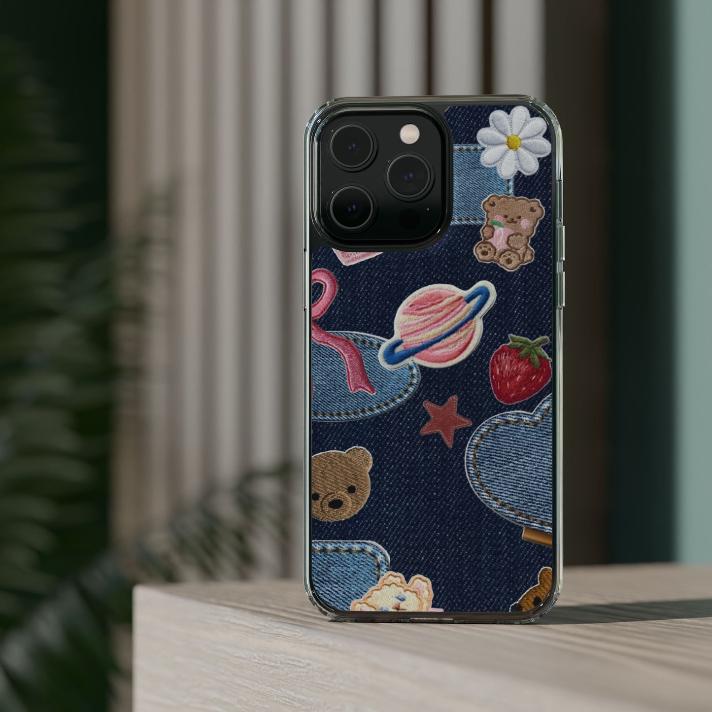 Clear Impact-Resistant Phone Case — Cute Denim Patch Collage (Teddy, Strawberry, Planet)