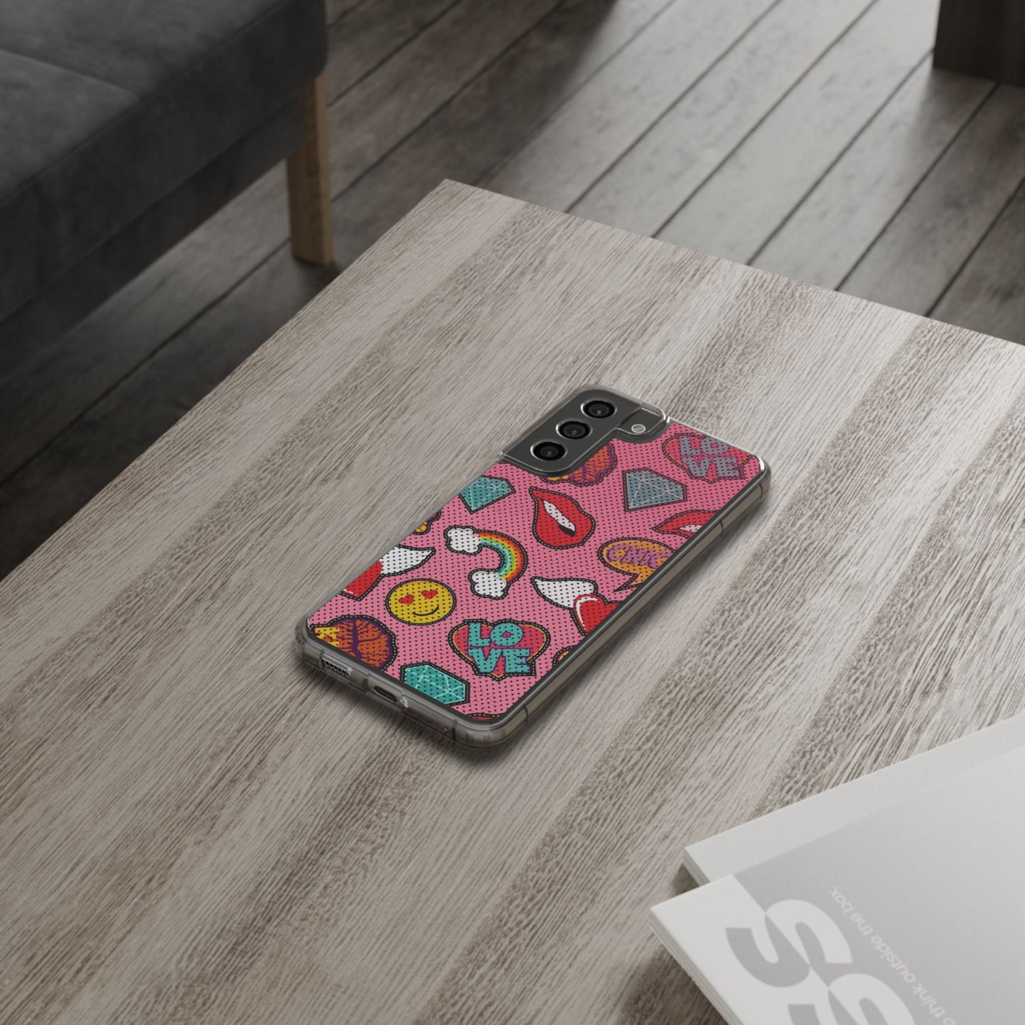 Clear Impact-Resistant Phone Case — Pink Pop Sticker Pattern (Hearts, Rainbows, Smileys)