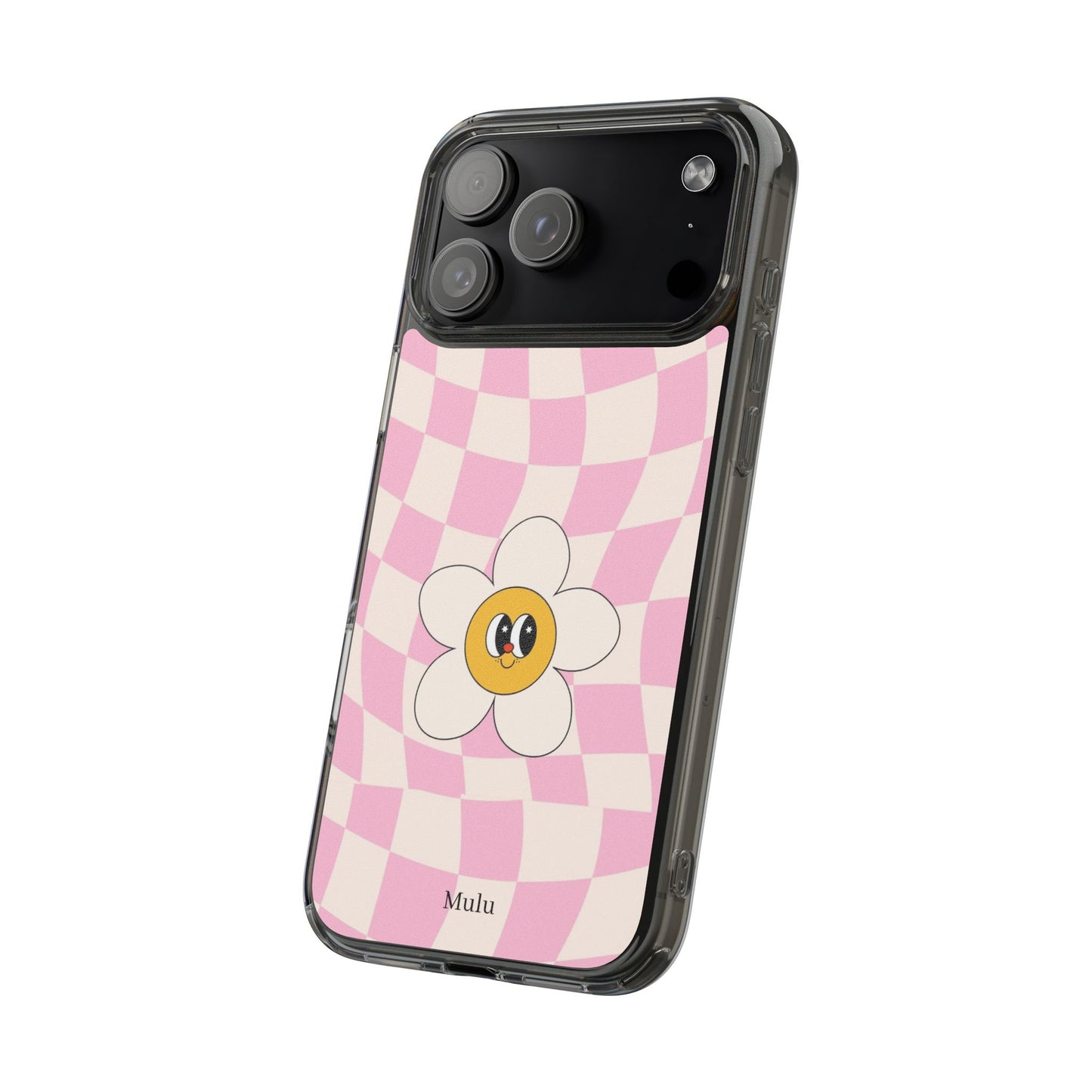 Clear Impact-Resistant Phone Case — Pink Checkerboard Daisy Design
