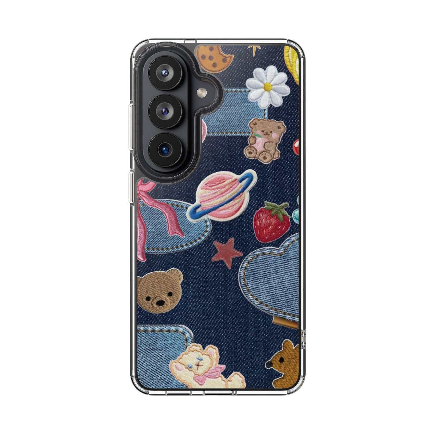 Clear Impact-Resistant Phone Case — Cute Denim Patch Collage (Teddy, Strawberry, Planet)