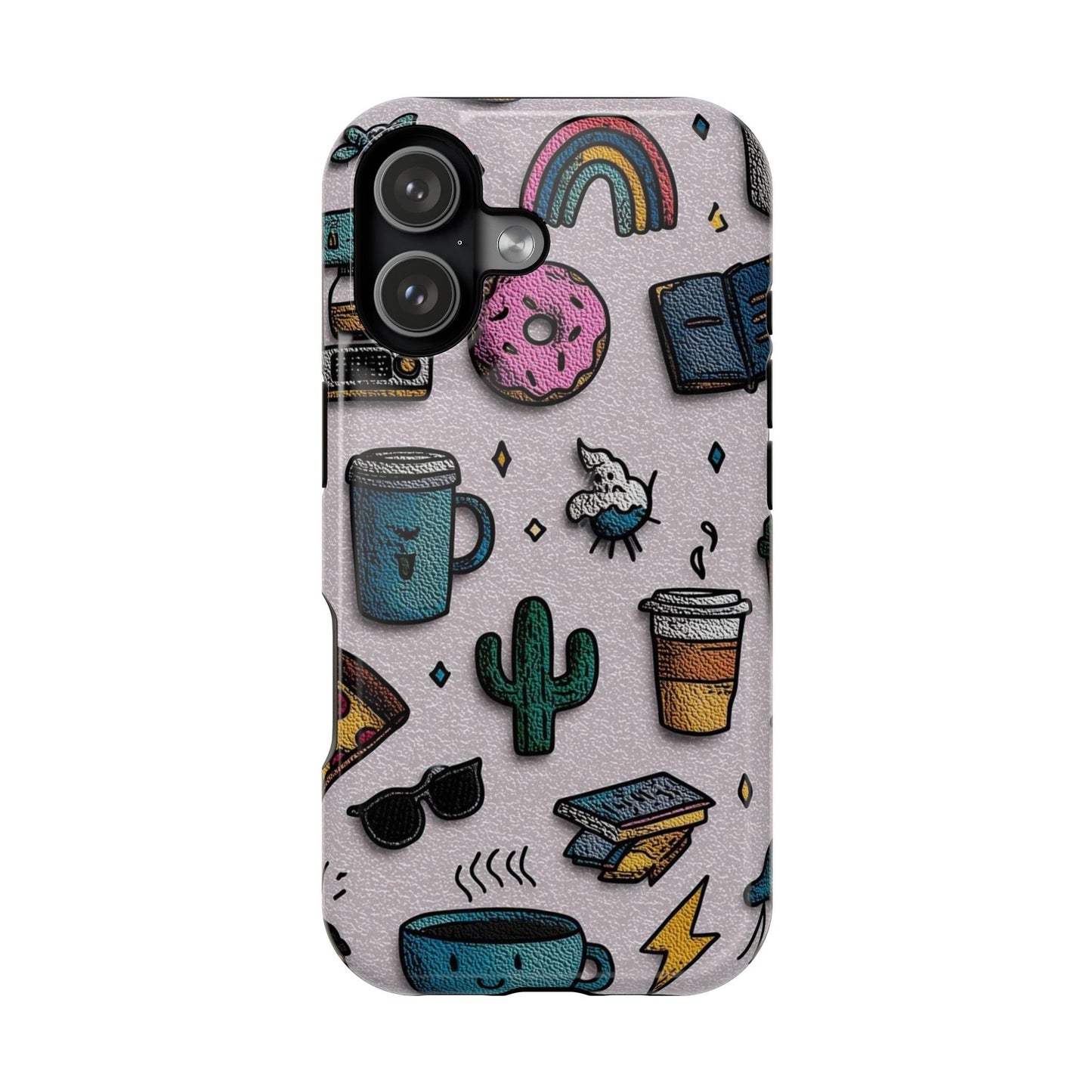 Cute Doodle Phone Case — Magnetic Impact-Resistant Design (coffee, rainbow, cactus)