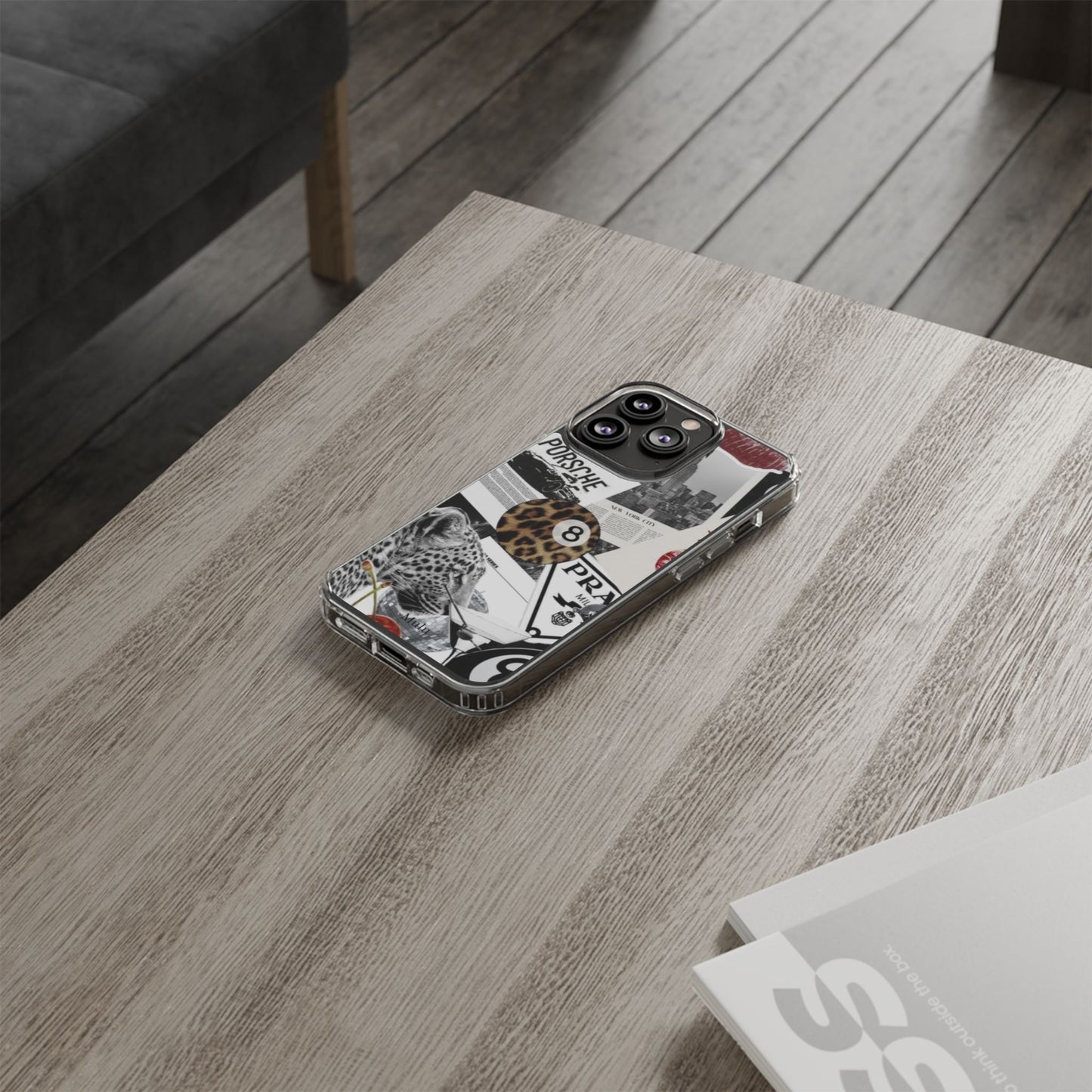 Clear Impact-Resistant Phone Case — Collage Luxury Leopard & Vintage Car Design