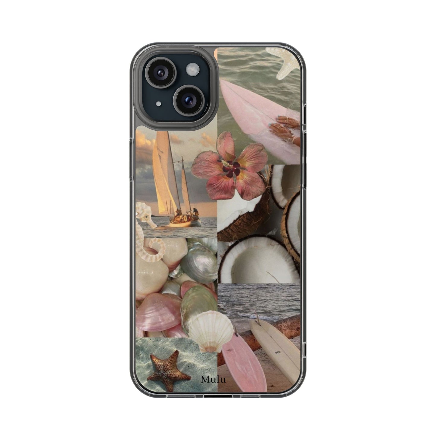 Clear Phone Case — Coastal Collage Shells & Surf Design
