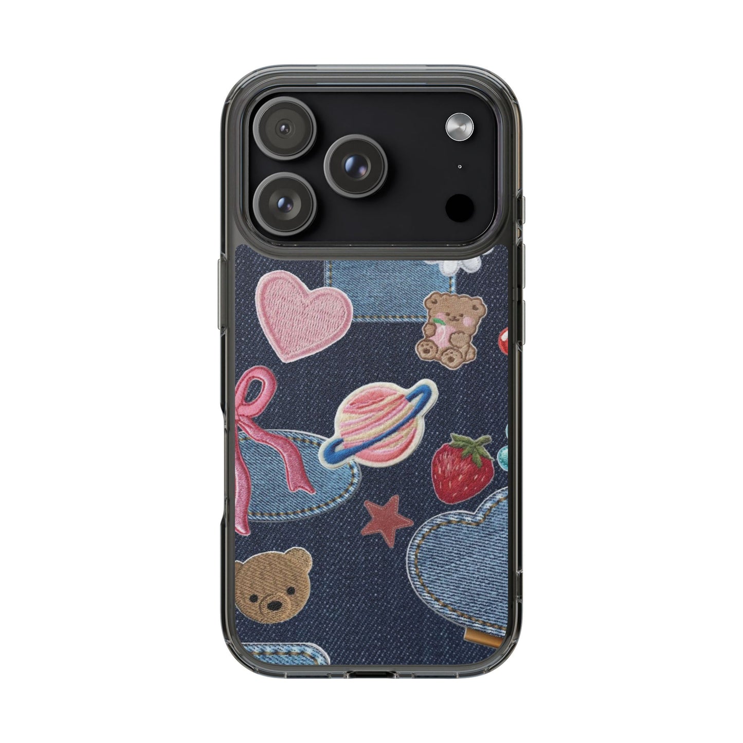 Clear Impact-Resistant Phone Case — Cute Denim Patch Collage (Teddy, Strawberry, Planet)