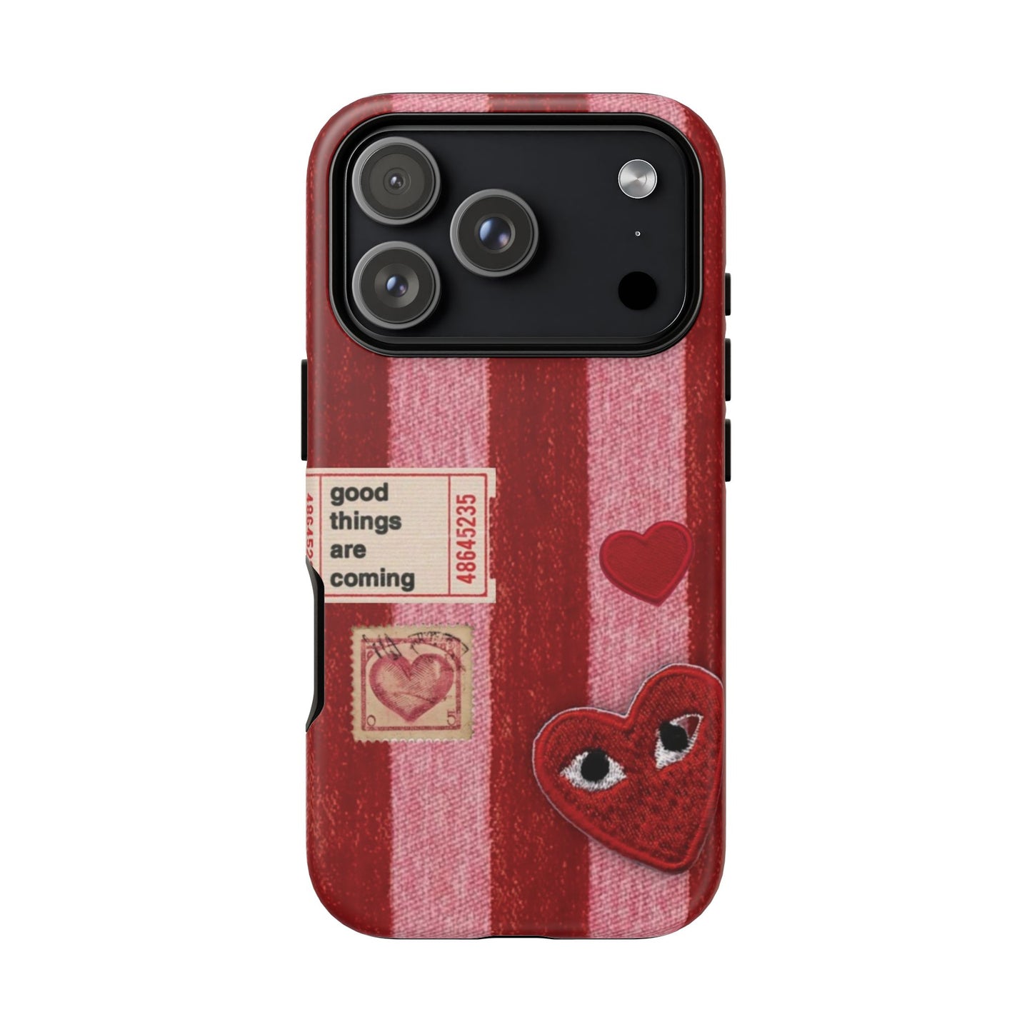 Phone Case — Red Striped Heart Design with “Good Things Are Coming”