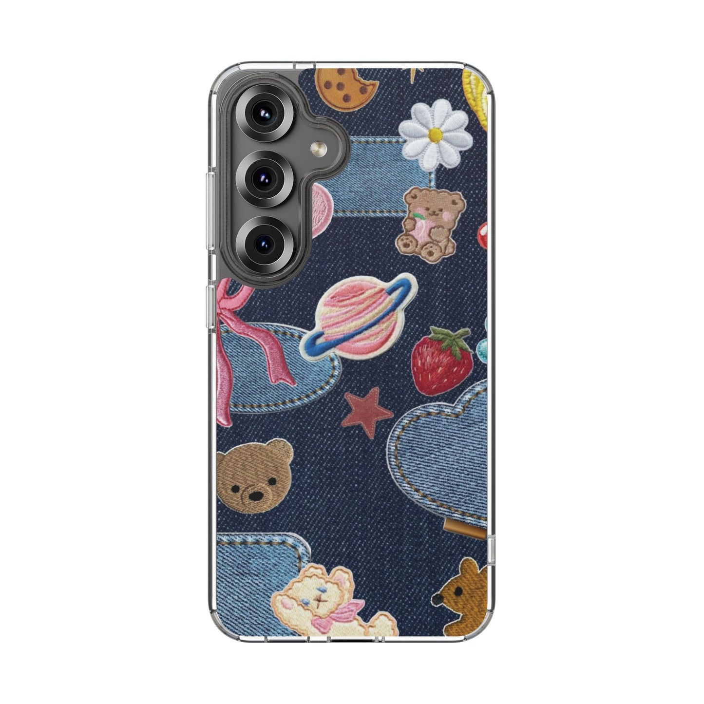 Clear Impact-Resistant Phone Case — Cute Denim Patch Collage (Teddy, Strawberry, Planet)