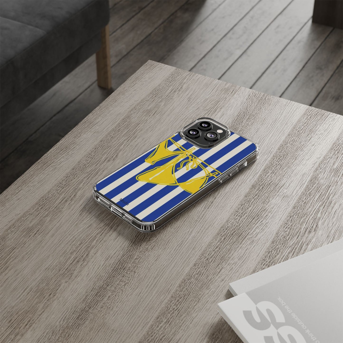 Striped Beach Bikini Phone Case — Yellow Swimwear on Blue & White Stripes, Clear Impact-Resistant