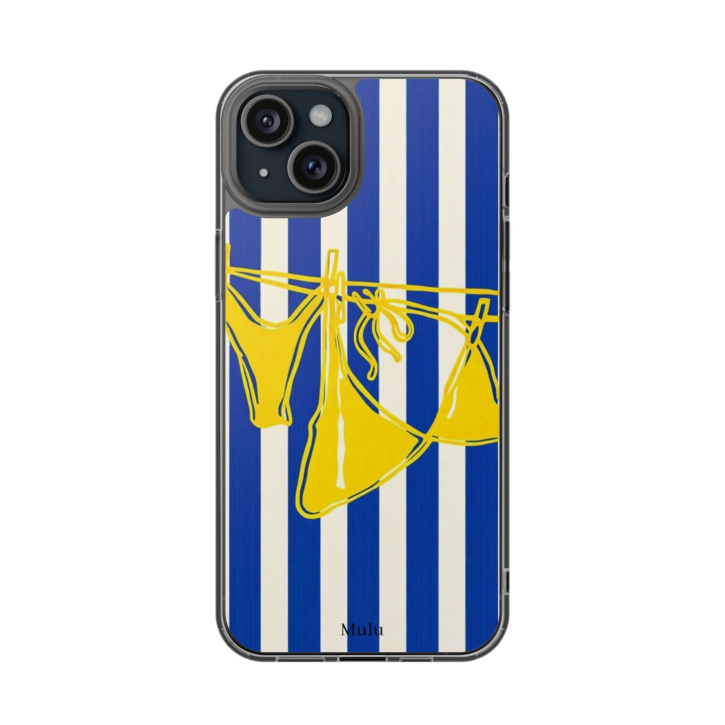 Striped Beach Bikini Phone Case — Yellow Swimwear on Blue & White Stripes, Clear Impact-Resistant