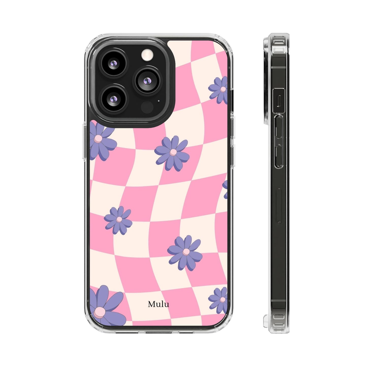 Clear Impact Phone Case — Pink Checkerboard with Purple Flowers