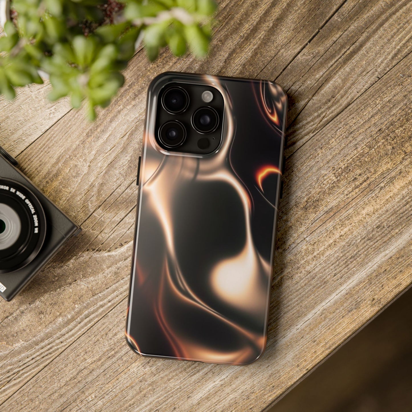 Abstract Liquid Glow Tough Phone Case — Black & Bronze Swirl Protective Cover