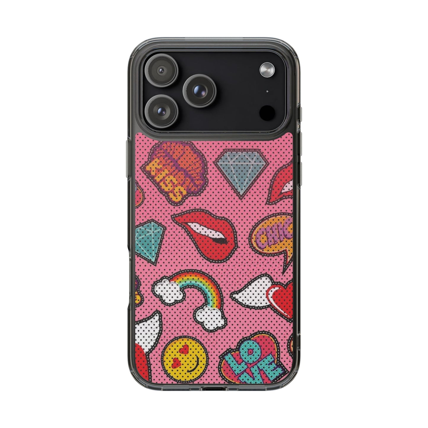 Clear Impact-Resistant Phone Case — Pink Pop Sticker Pattern (Hearts, Rainbows, Smileys)
