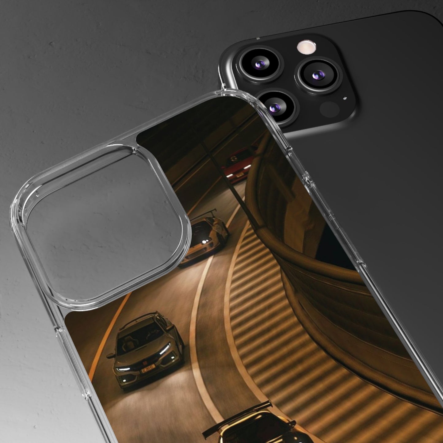 Racing Night Clear Phone Case – Sports Cars on Curved Highway