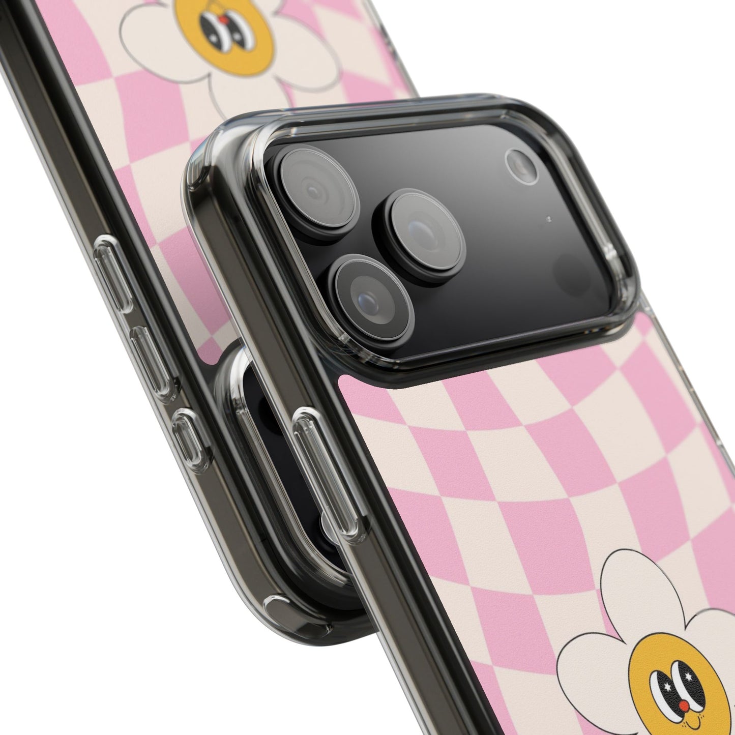Clear Impact-Resistant Phone Case — Pink Checkerboard Daisy Design