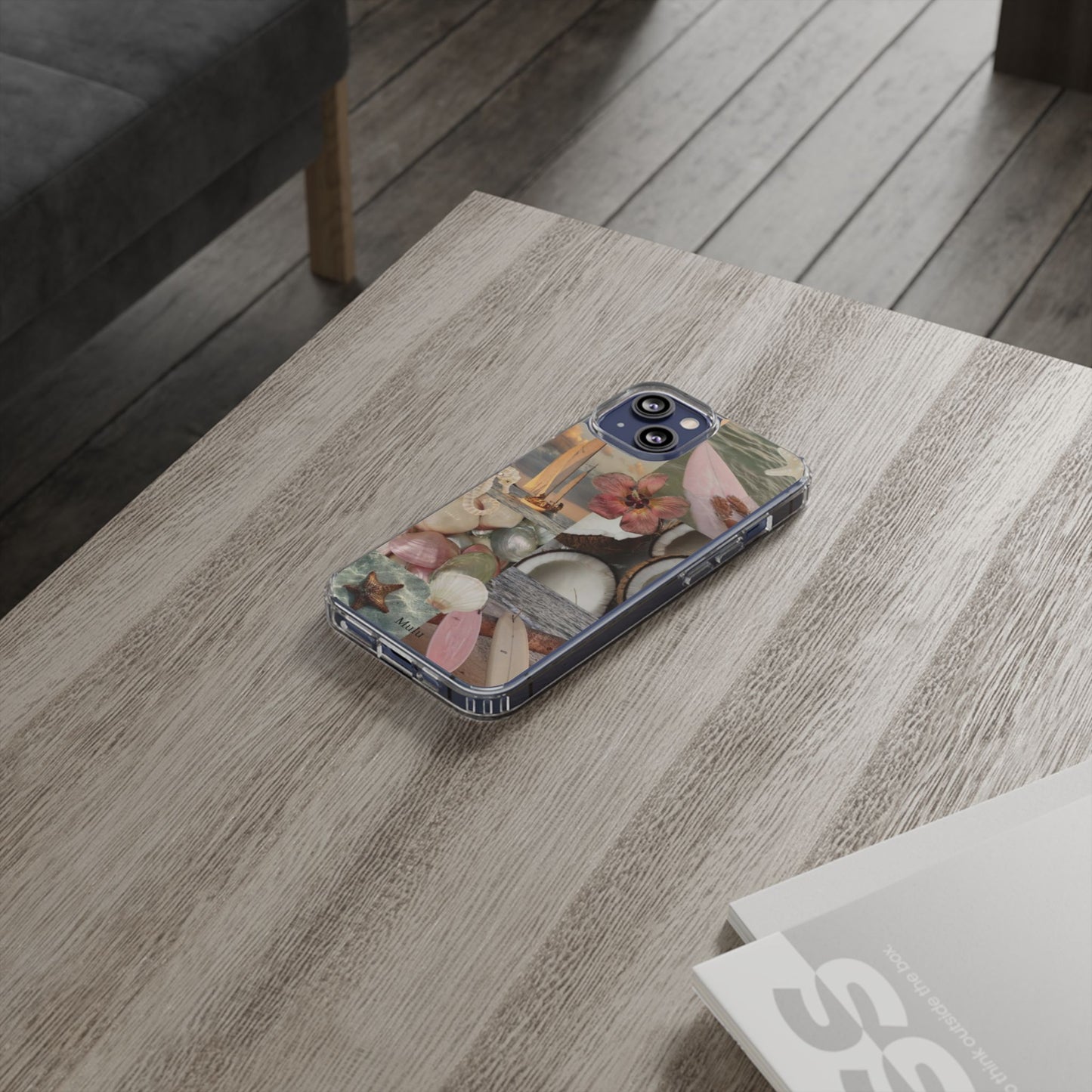 Clear Phone Case — Coastal Collage Shells & Surf Design