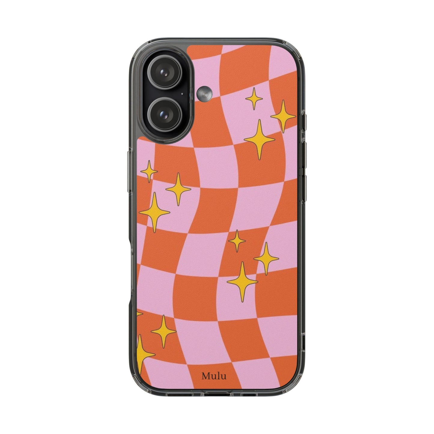 Clear Impact-Resistant Case — Retro Pink & Orange Checker with Sparkle Stars
