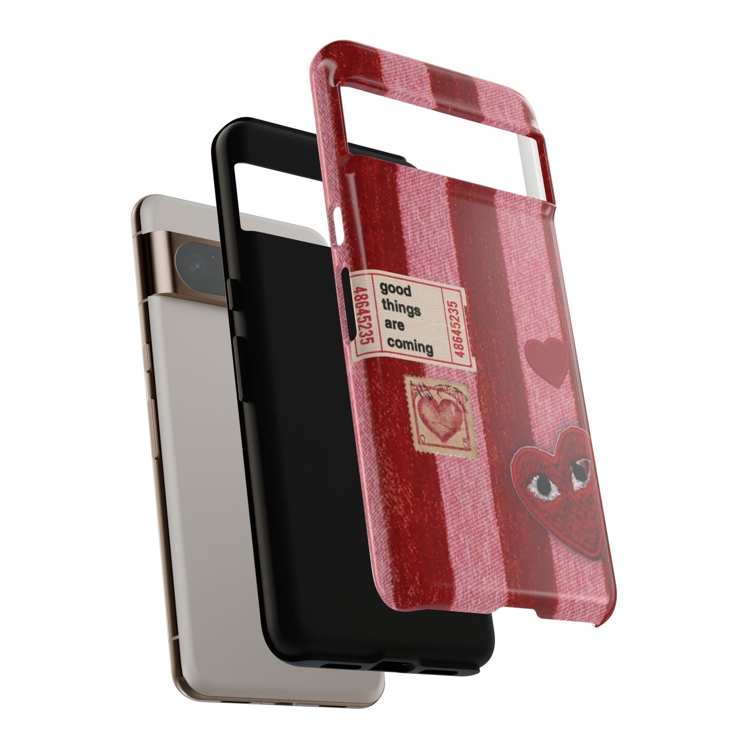 Phone Case — Red Striped Heart Design with “Good Things Are Coming”