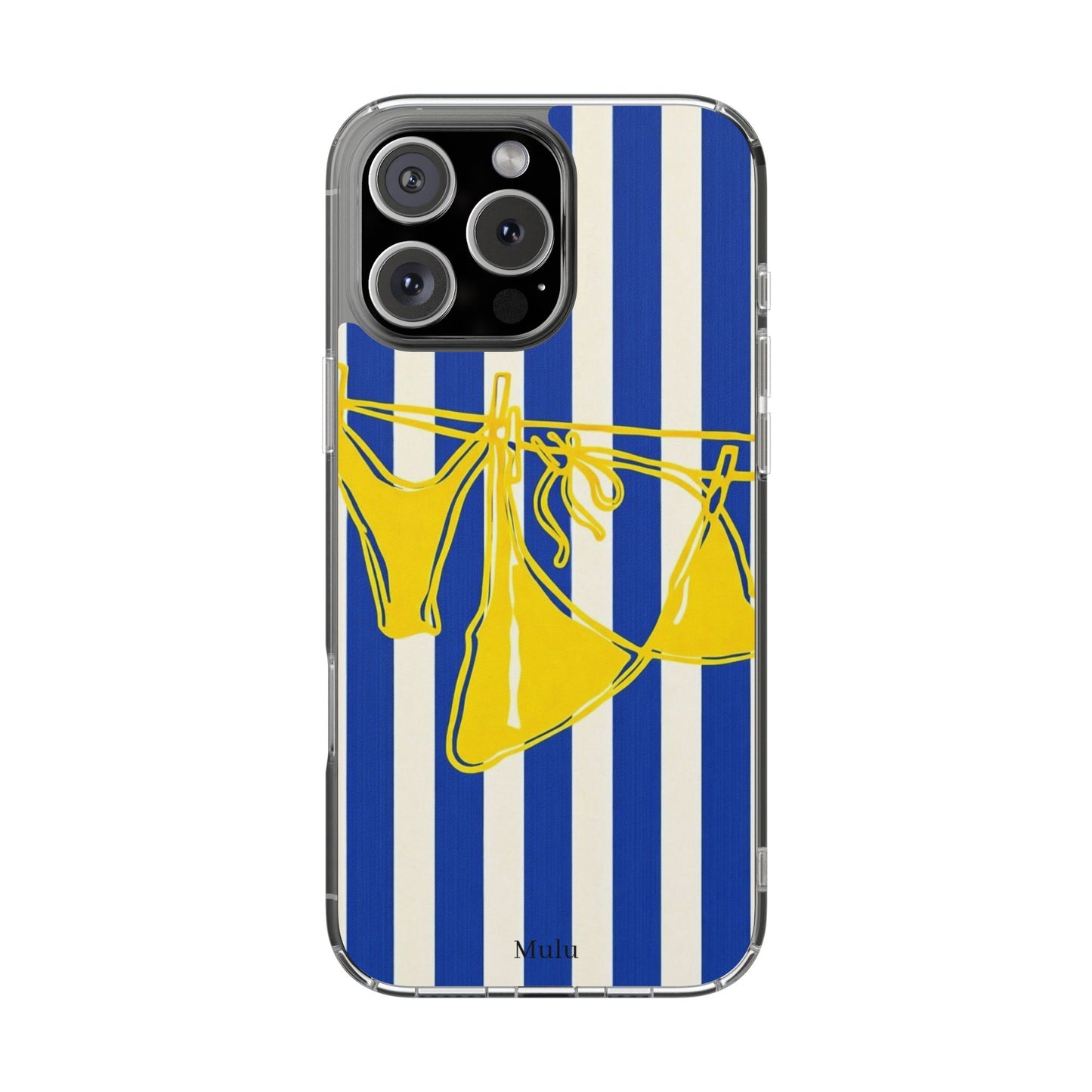 Striped Beach Bikini Phone Case — Yellow Swimwear on Blue & White Stripes, Clear Impact-Resistant