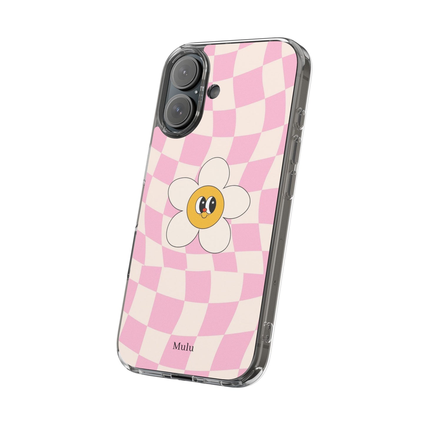 Clear Impact-Resistant Phone Case — Pink Checkerboard Daisy Design