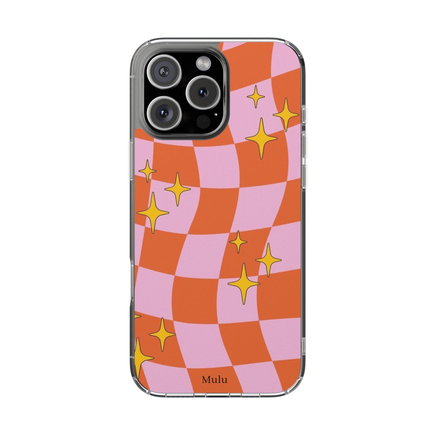Clear Impact-Resistant Case — Retro Pink & Orange Checker with Sparkle Stars