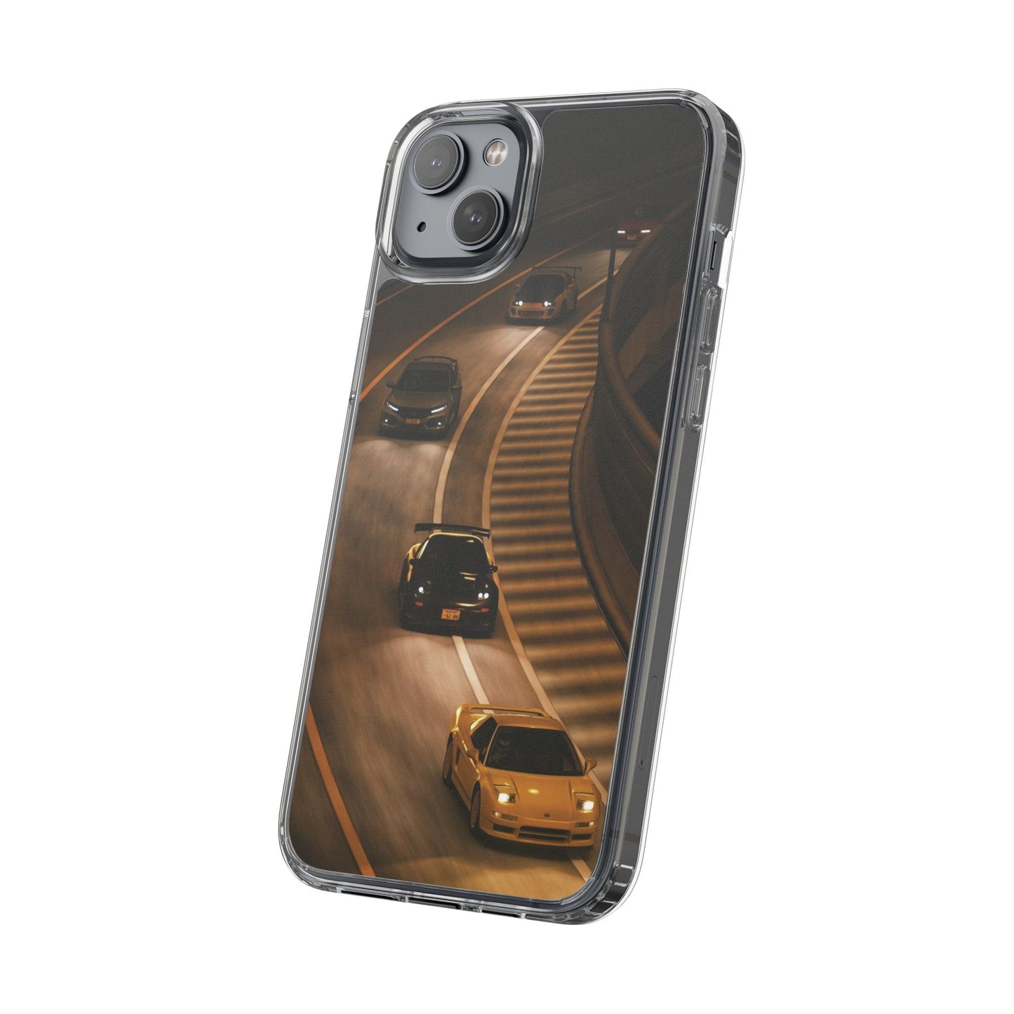 Racing Night Clear Phone Case – Sports Cars on Curved Highway