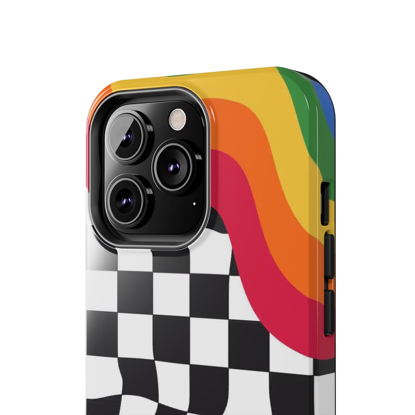 Retro Wavy Checkerboard Tough Phone Case — Rainbow Surf Skate Design
