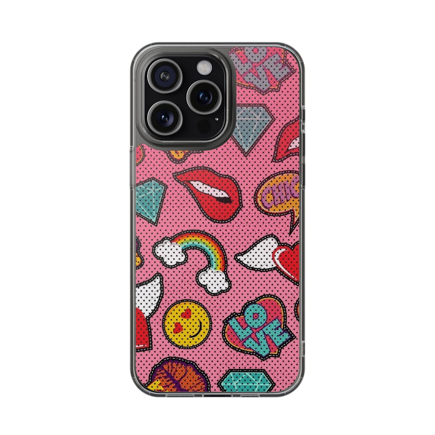 Clear Impact-Resistant Phone Case — Pink Pop Sticker Pattern (Hearts, Rainbows, Smileys)