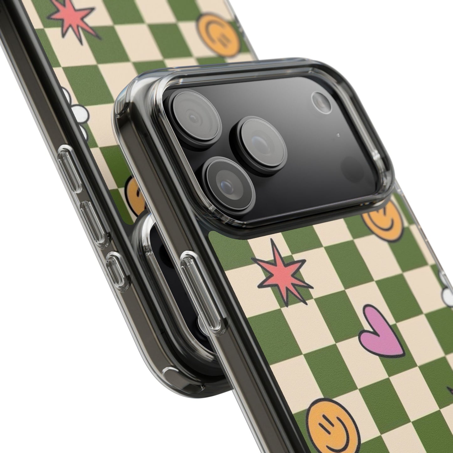 Clear Impact-Resistant Case — Retro Green Checkerboard with Smiley, Hearts & Flowers