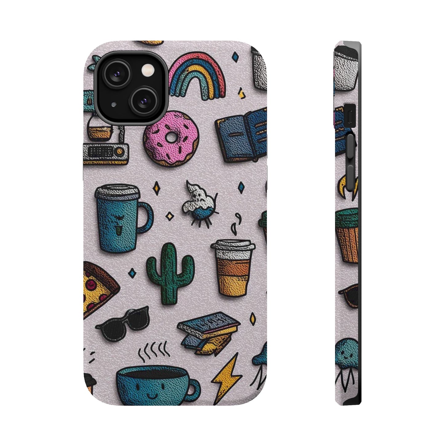 Cute Doodle Phone Case — Magnetic Impact-Resistant Design (coffee, rainbow, cactus)