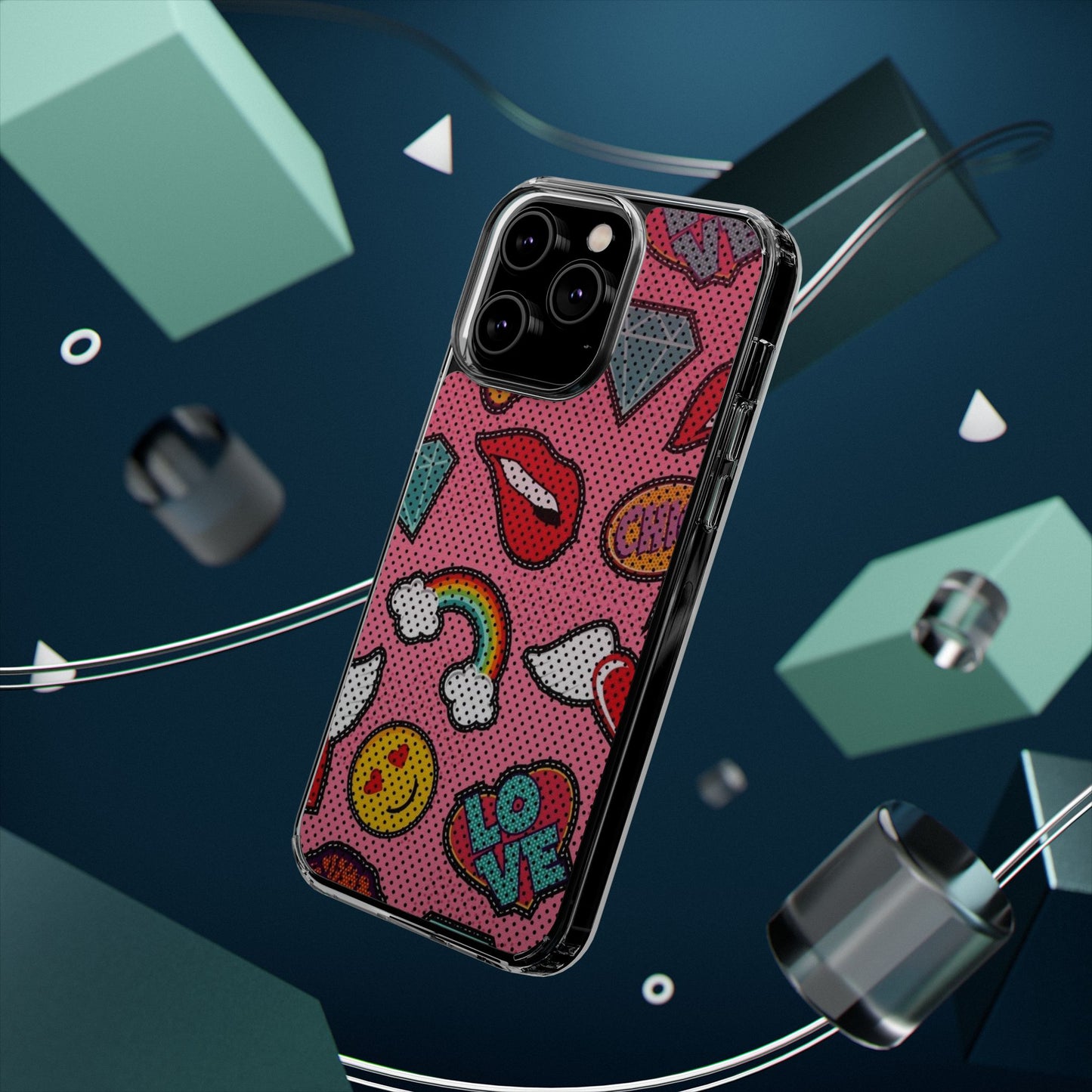 Clear Impact-Resistant Phone Case — Pink Pop Sticker Pattern (Hearts, Rainbows, Smileys)