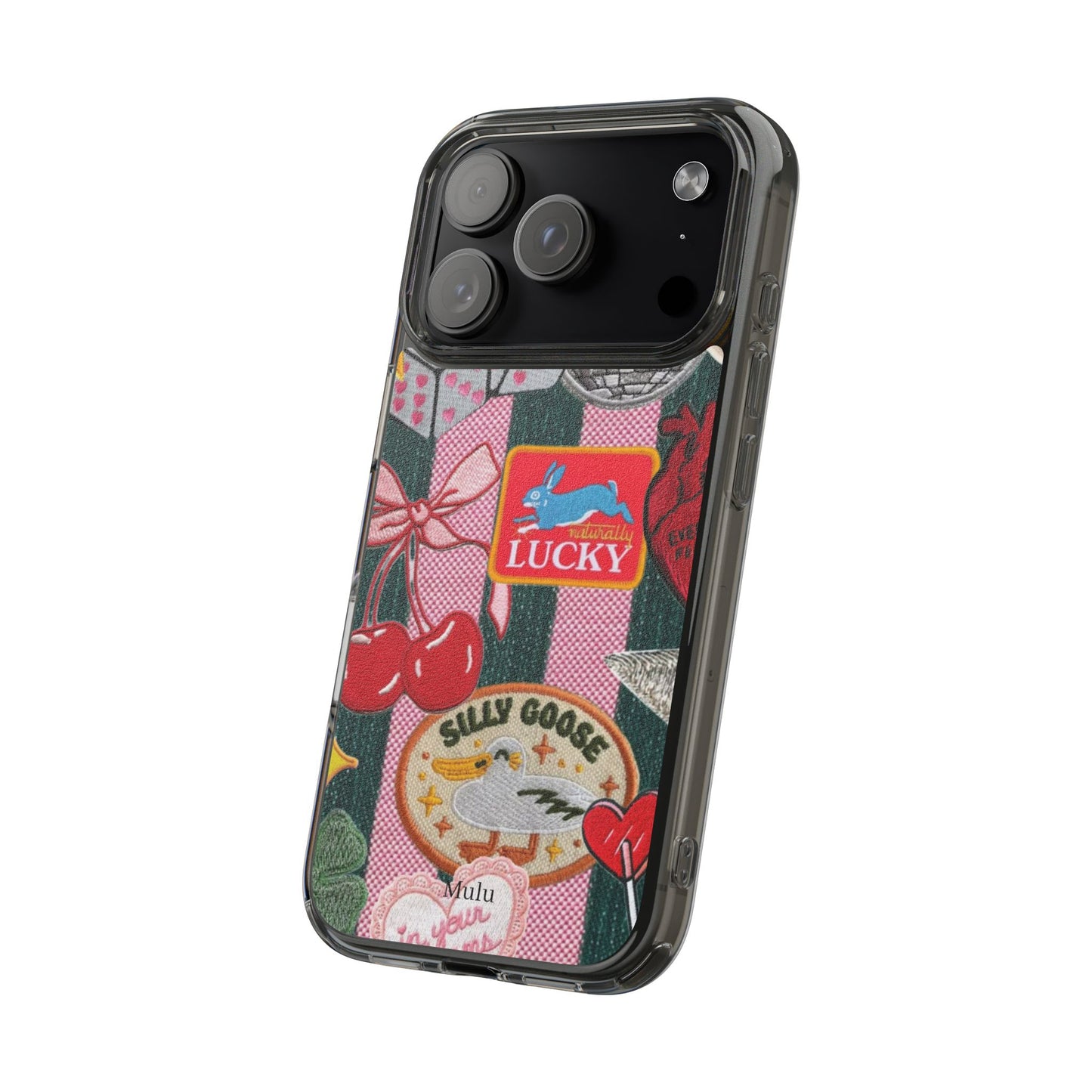 Clear Impact-Resistant Phone Case — Retro Patchwork Stickers (Lucky, Cherries, Silly Goose)
