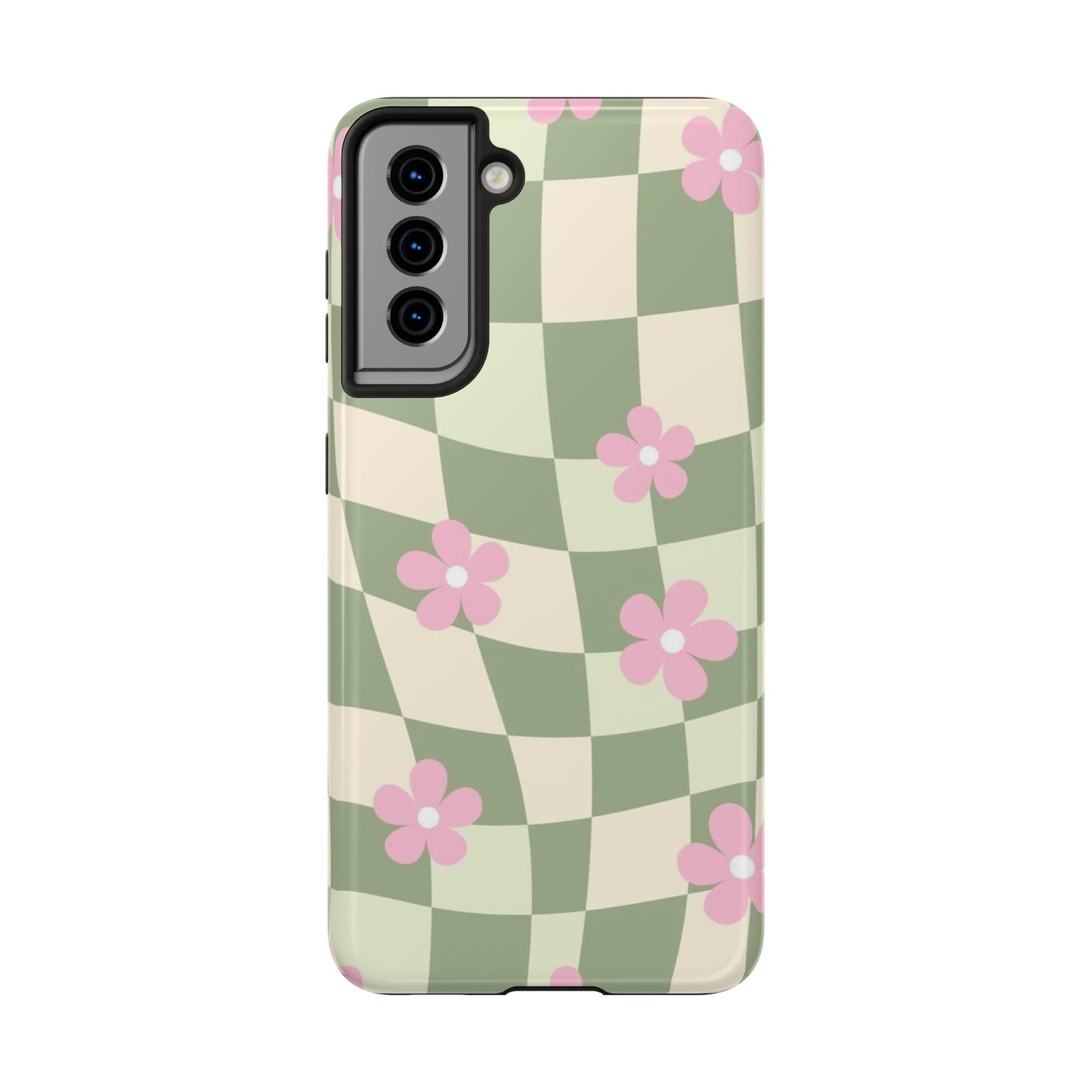Tough Phone Case — Retro Green Checkerboard with Pink Flowers