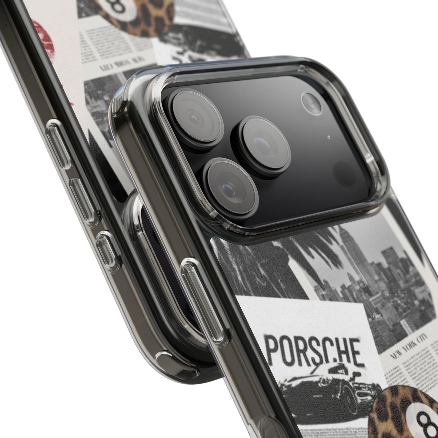 Clear Impact-Resistant Phone Case — Collage Luxury Leopard & Vintage Car Design