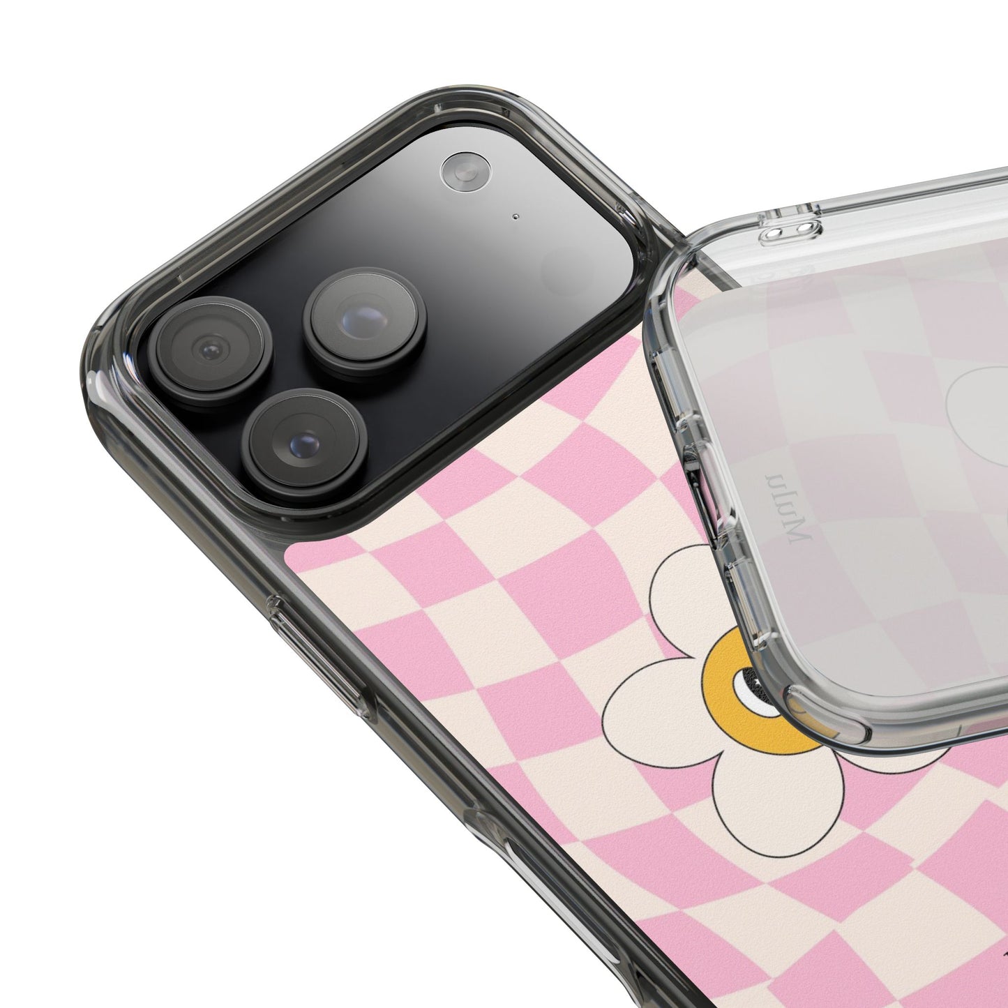 Clear Impact-Resistant Phone Case — Pink Checkerboard Daisy Design