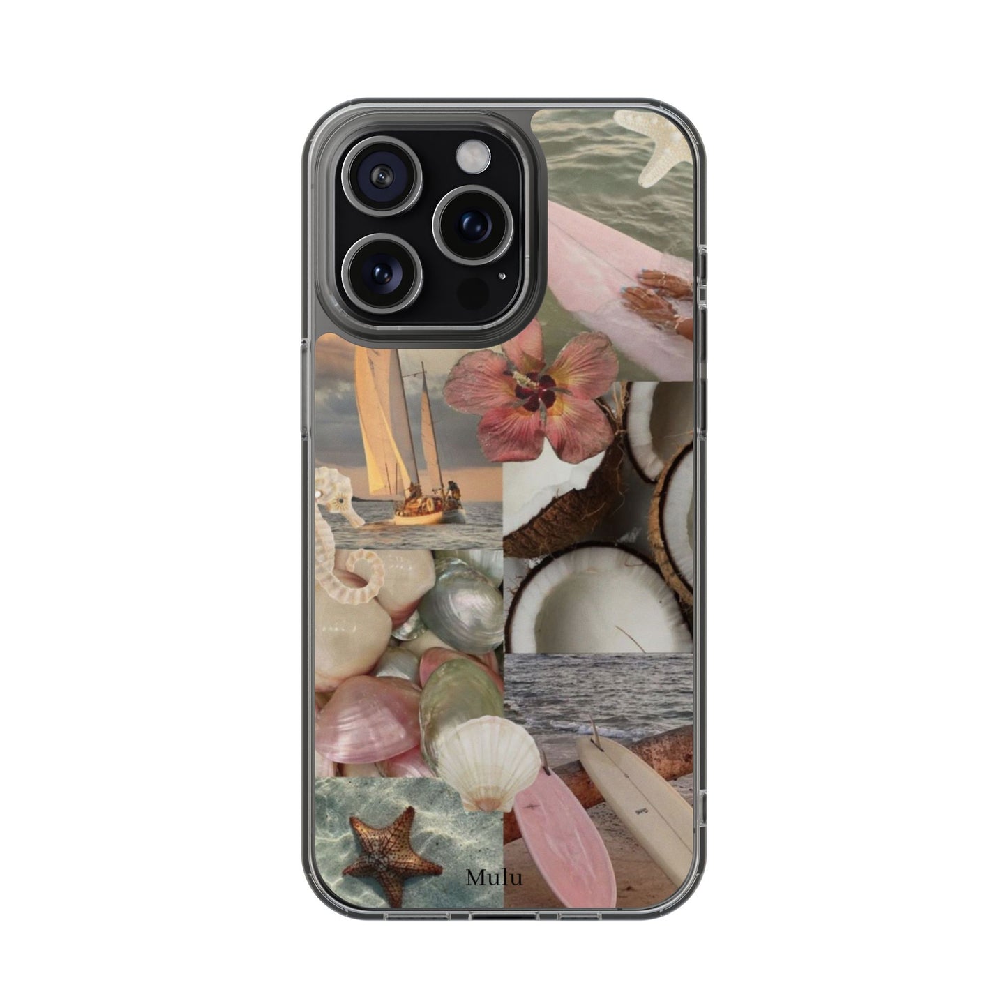 Clear Phone Case — Coastal Collage Shells & Surf Design